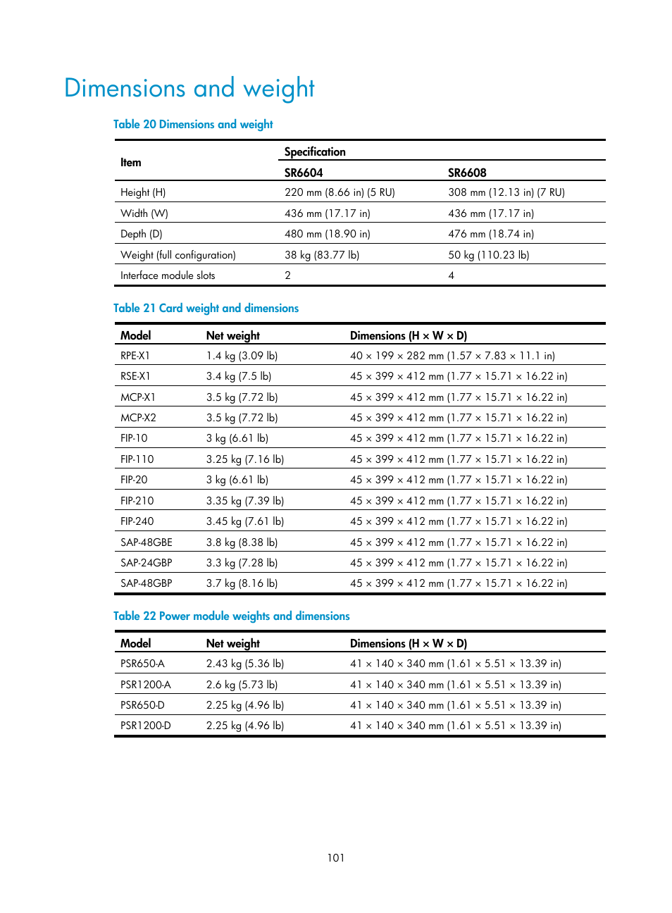 Dimensions and weight | H3C Technologies H3C SR6600 User Manual | Page 111 / 161