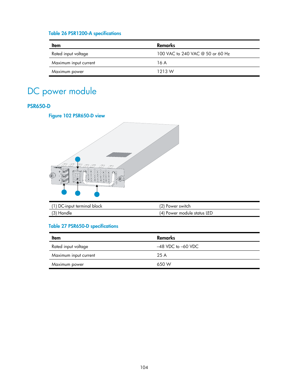 Dc power module, Psr650-d | H3C Technologies H3C SR6600 User Manual | Page 114 / 161