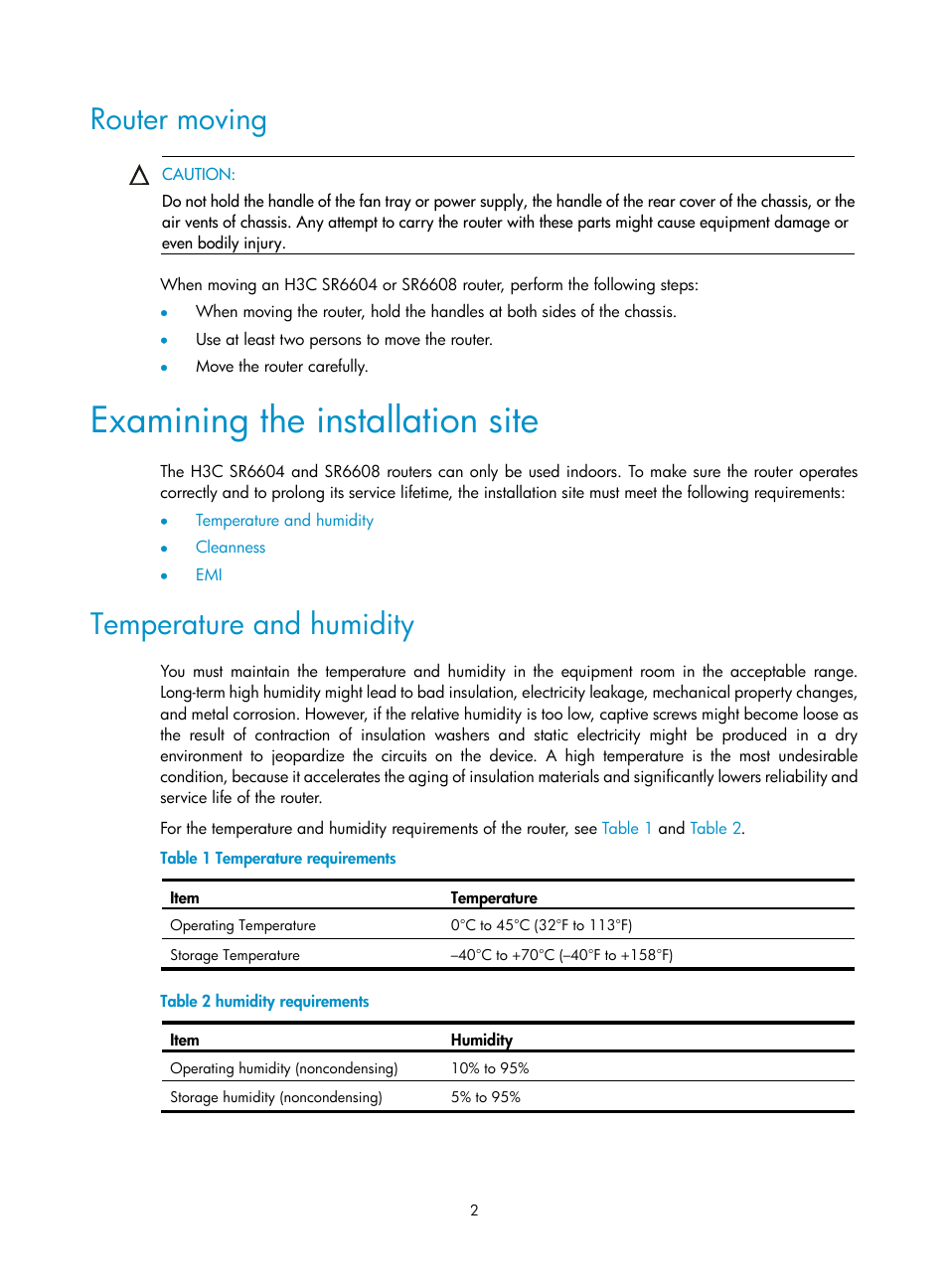 Router moving, Examining the installation site, Temperature and humidity | H3C Technologies H3C SR6600 User Manual | Page 12 / 161