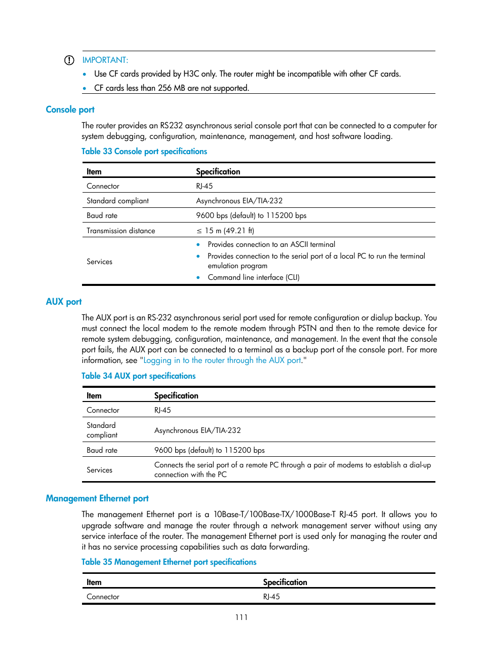 Console port, Aux port, Management ethernet port | H3C Technologies H3C SR6600 User Manual | Page 121 / 161