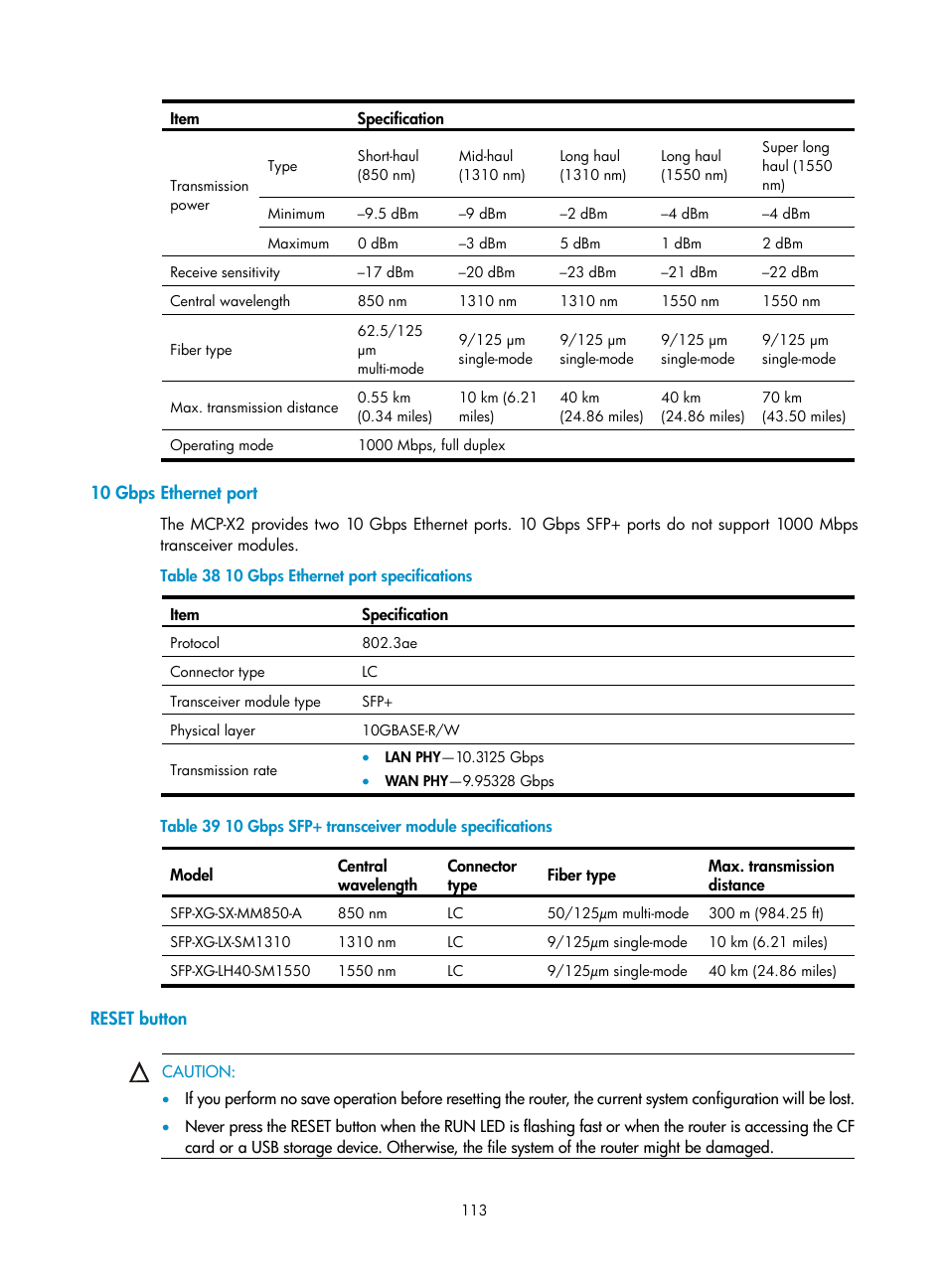 10 gbps ethernet port, Reset button | H3C Technologies H3C SR6600 User Manual | Page 123 / 161