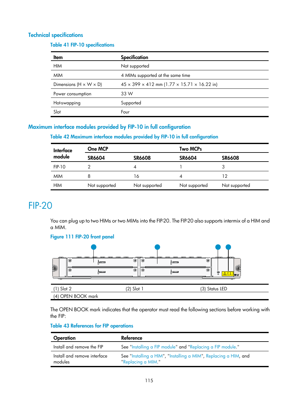 Technical specifications, Fip-20 | H3C Technologies H3C SR6600 User Manual | Page 125 / 161