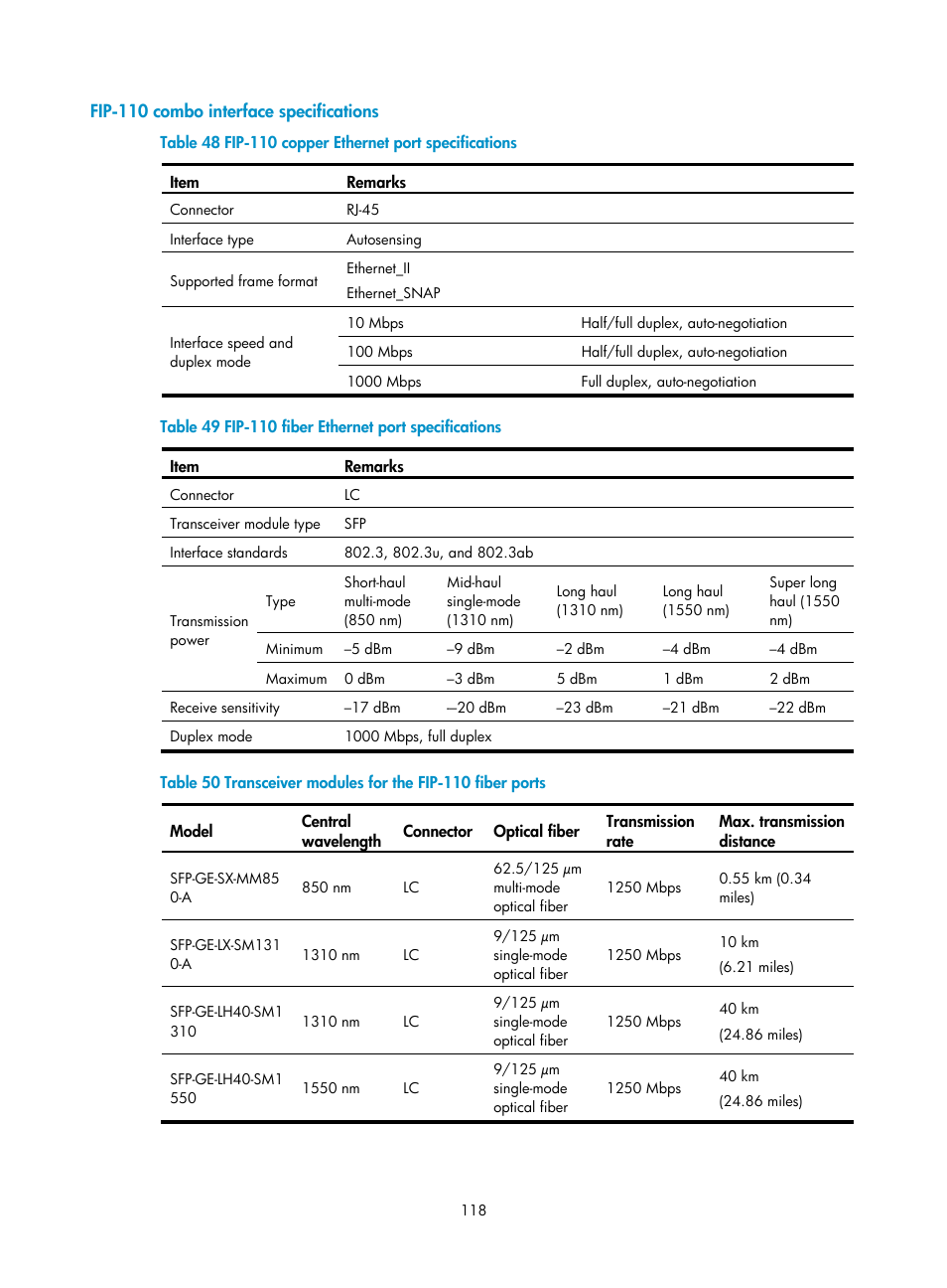 Fip-110 combo interface specifications | H3C Technologies H3C SR6600 User Manual | Page 128 / 161