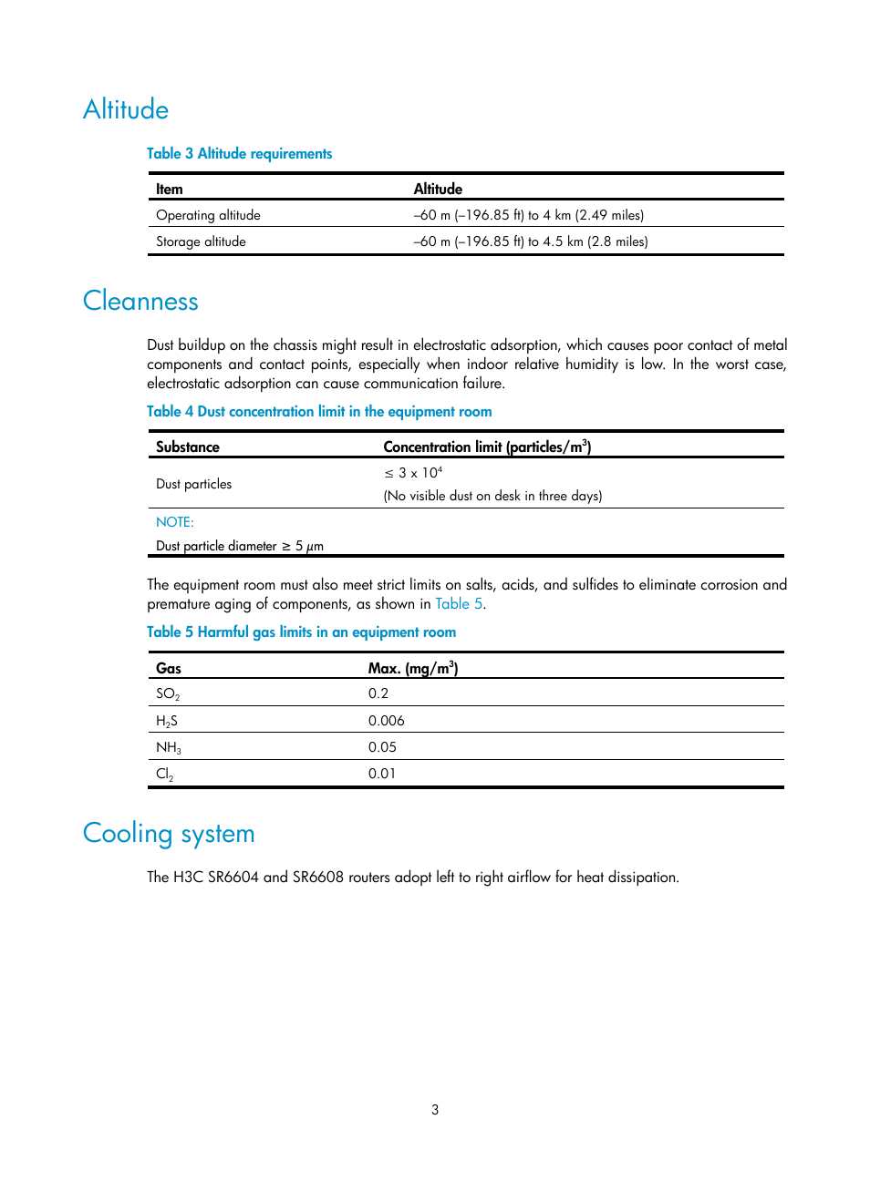 Altitude, Cleanness, Cooling system | H3C Technologies H3C SR6600 User Manual | Page 13 / 161