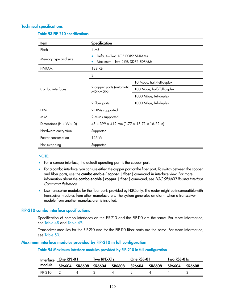 Technical specifications, Fip-210 combo interface specifications | H3C Technologies H3C SR6600 User Manual | Page 130 / 161