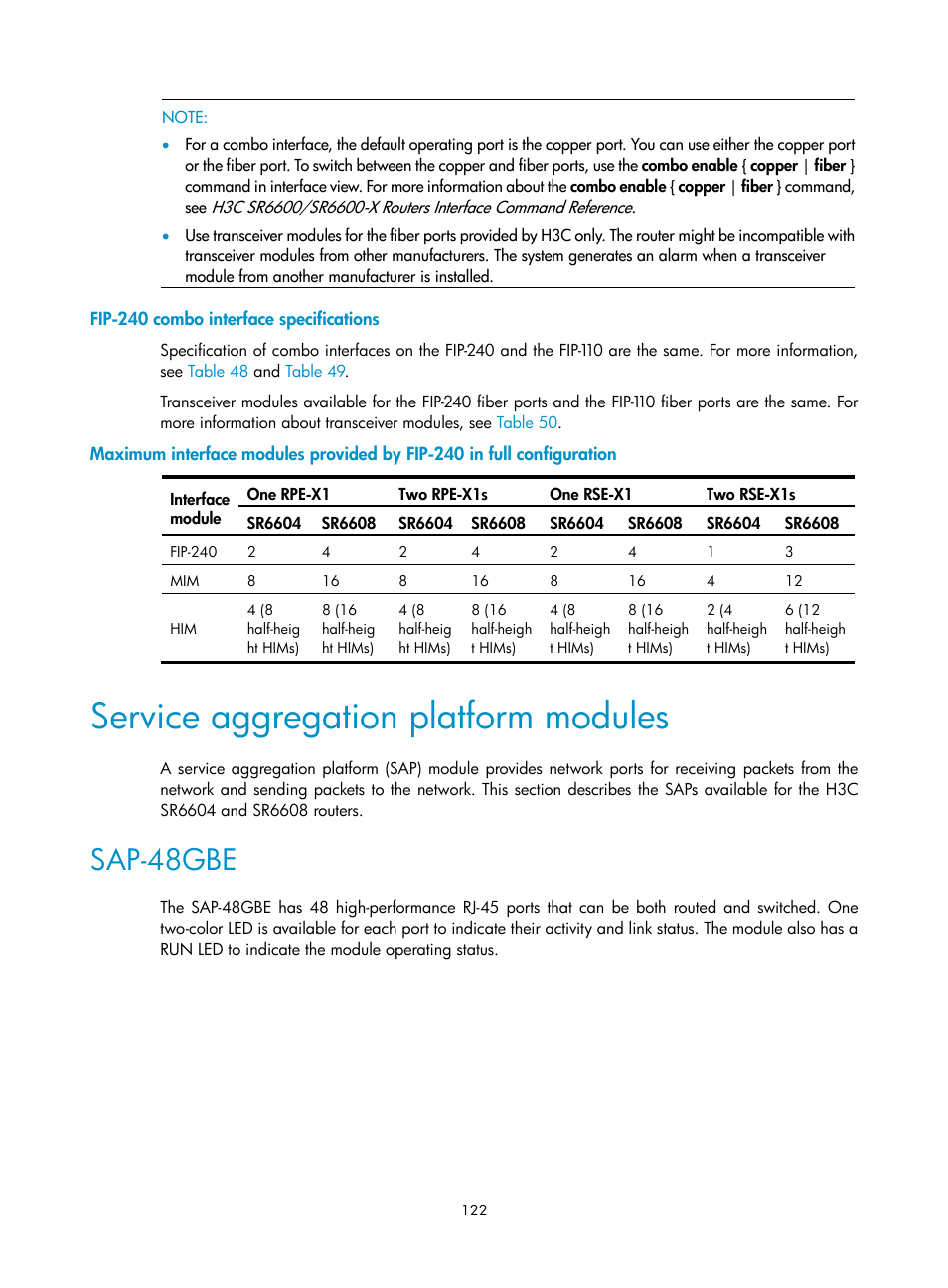 Fip-240 combo interface specifications, Service aggregation platform modules, Sap-48gbe | H3C Technologies H3C SR6600 User Manual | Page 132 / 161