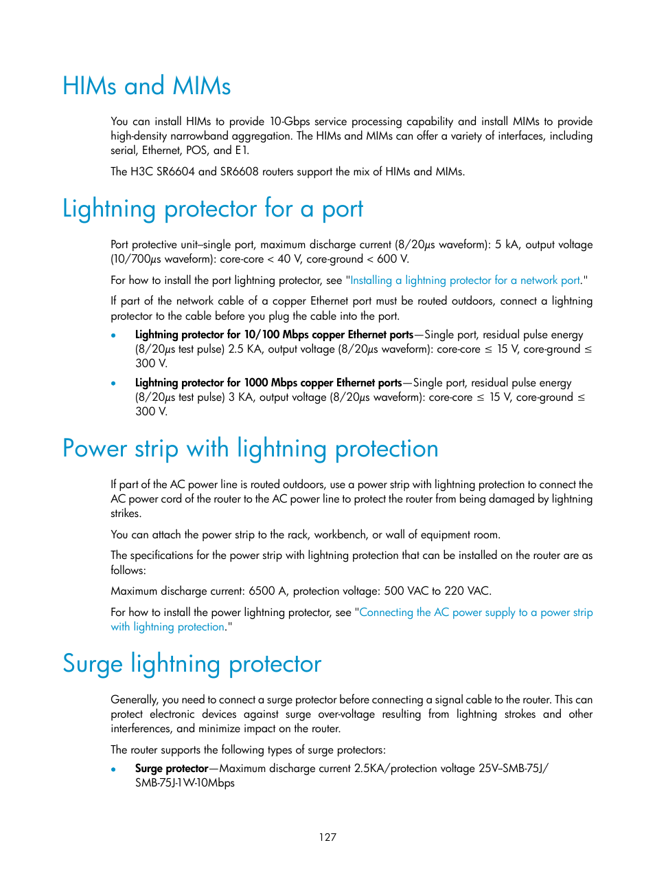 Hims and mims, Lightning protector for a port, Power strip with lightning protection | Surge lightning protector | H3C Technologies H3C SR6600 User Manual | Page 137 / 161