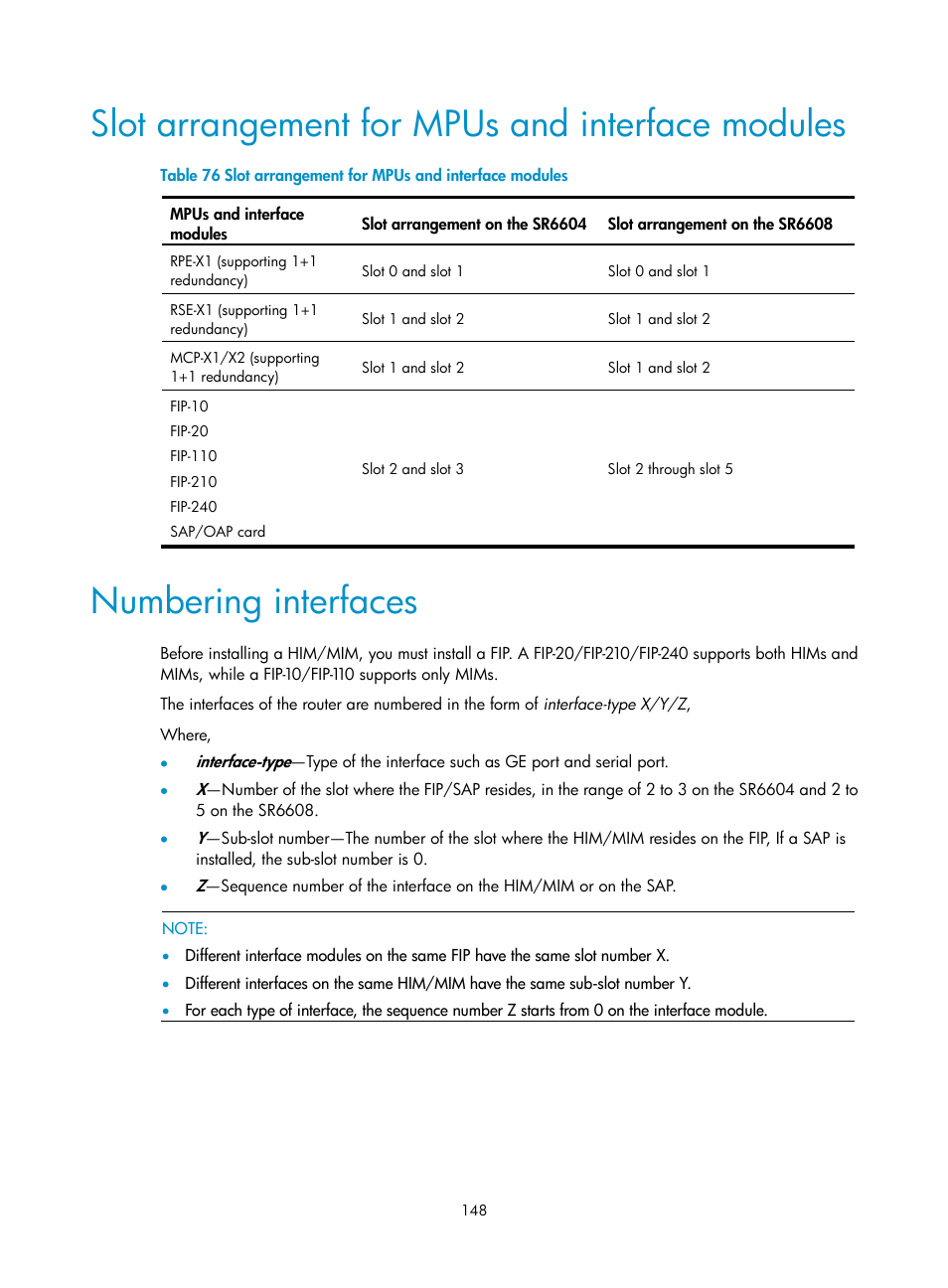 Slot arrangement for mpus and interface modules, Numbering interfaces | H3C Technologies H3C SR6600 User Manual | Page 158 / 161