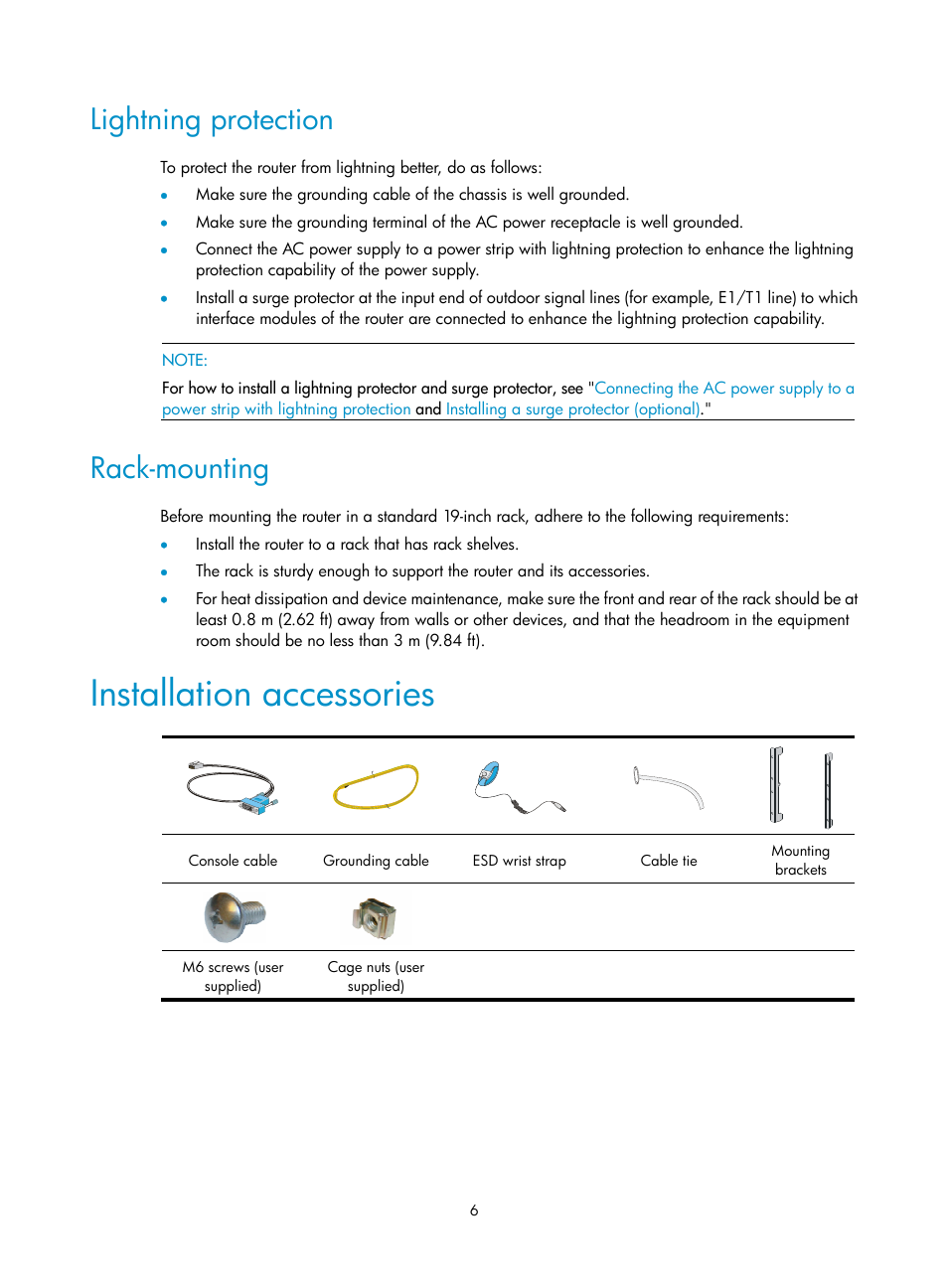 Lightning protection, Rack-mounting, Installation accessories | H3C Technologies H3C SR6600 User Manual | Page 16 / 161