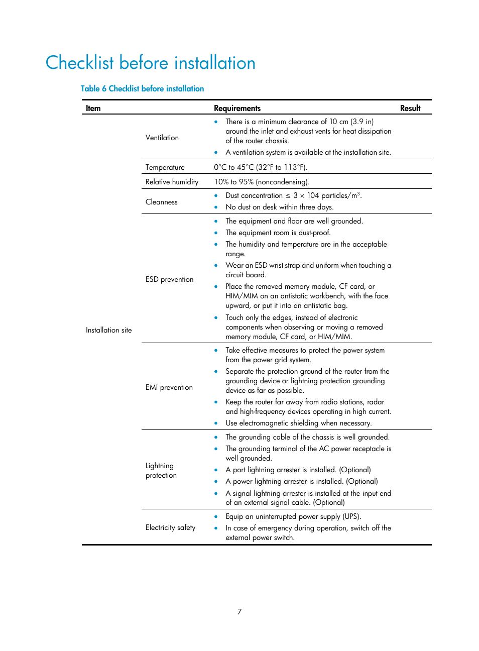 Checklist before installation | H3C Technologies H3C SR6600 User Manual | Page 17 / 161