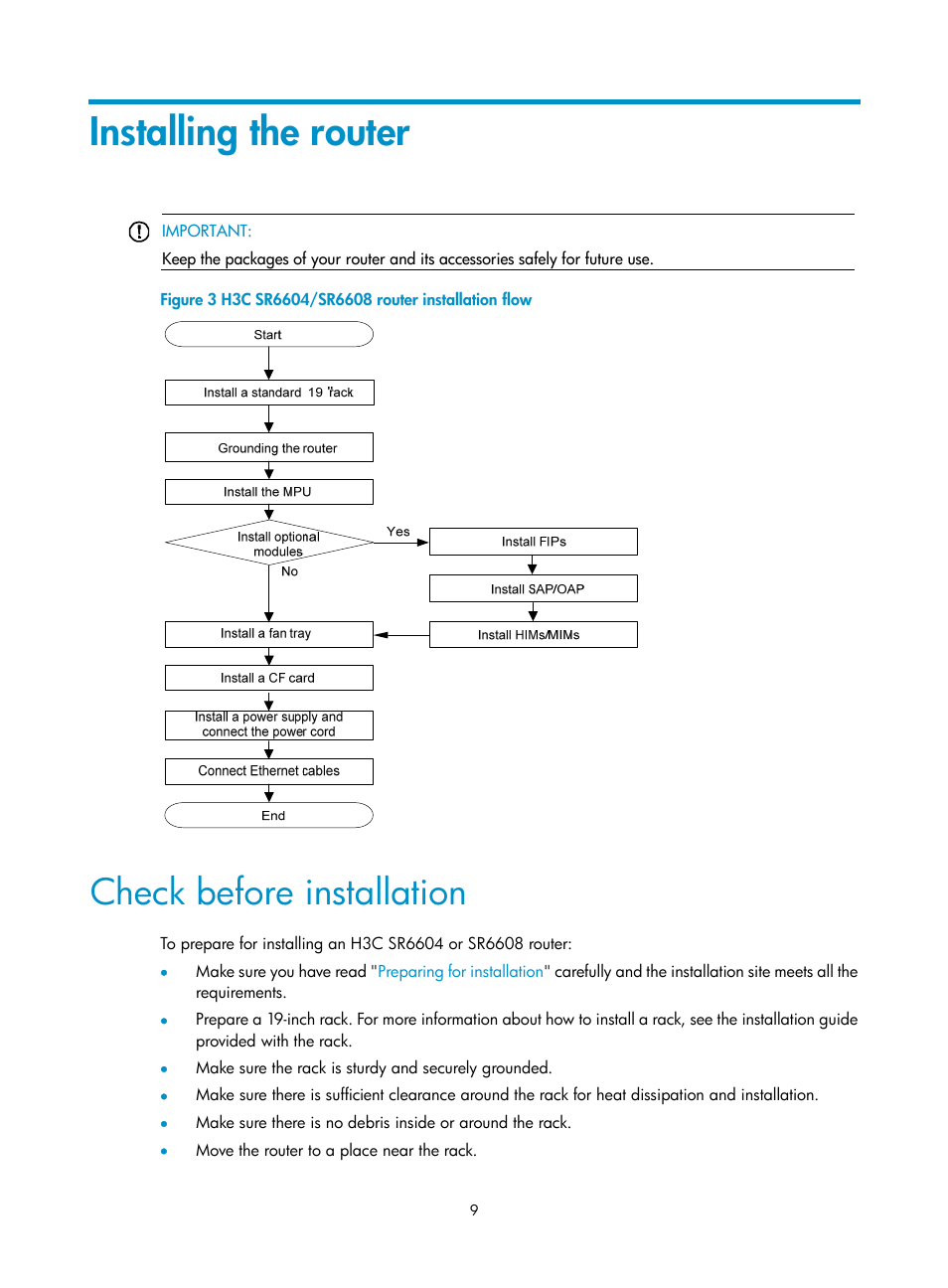 Installing the router, Check before installation | H3C Technologies H3C SR6600 User Manual | Page 19 / 161