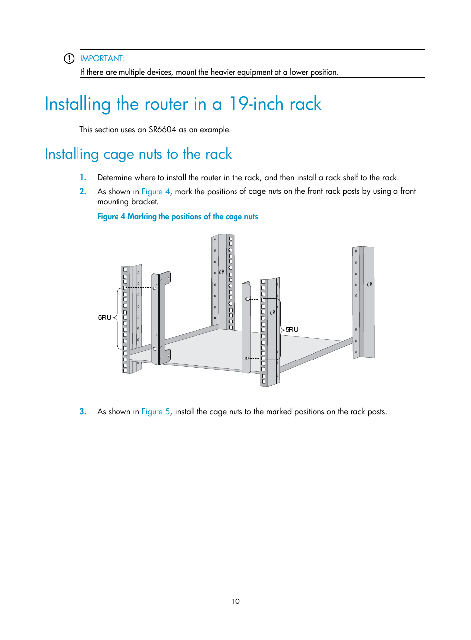 Installing the router in a 19-inch rack, Installing cage nuts to the rack | H3C Technologies H3C SR6600 User Manual | Page 20 / 161