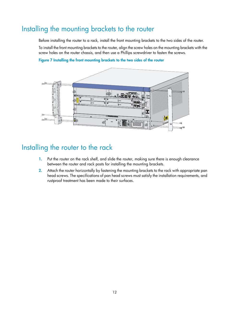 Installing the mounting brackets to the router, Installing the router to the rack | H3C Technologies H3C SR6600 User Manual | Page 22 / 161