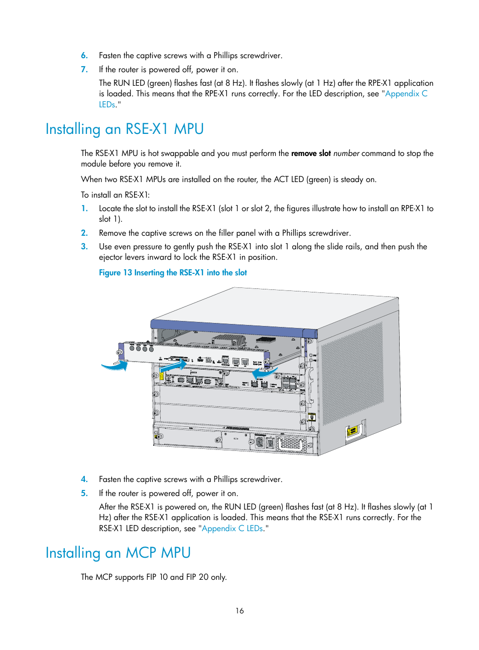 Installing an rse-x1 mpu, Installing an mcp mpu | H3C Technologies H3C SR6600 User Manual | Page 26 / 161