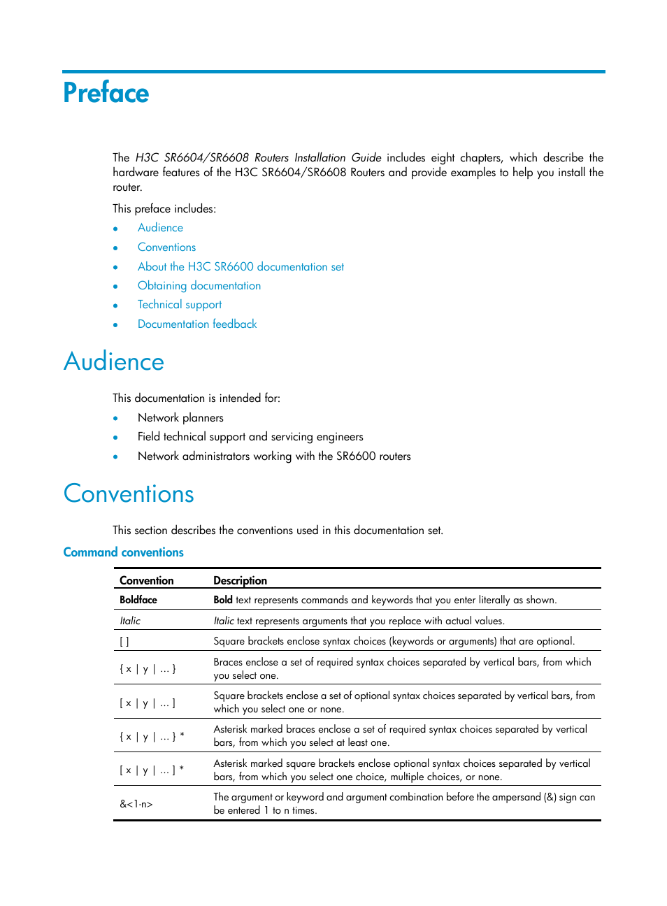 Preface, Audience, Conventions | Command conventions | H3C Technologies H3C SR6600 User Manual | Page 3 / 161