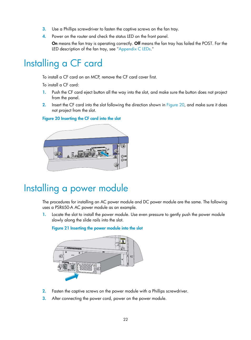 Installing a cf card, Installing a power module | H3C Technologies H3C SR6600 User Manual | Page 32 / 161