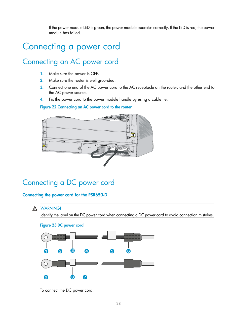 Connecting a power cord, Connecting an ac power cord, Connecting a dc power cord | Connecting the power cord for the psr650-d | H3C Technologies H3C SR6600 User Manual | Page 33 / 161