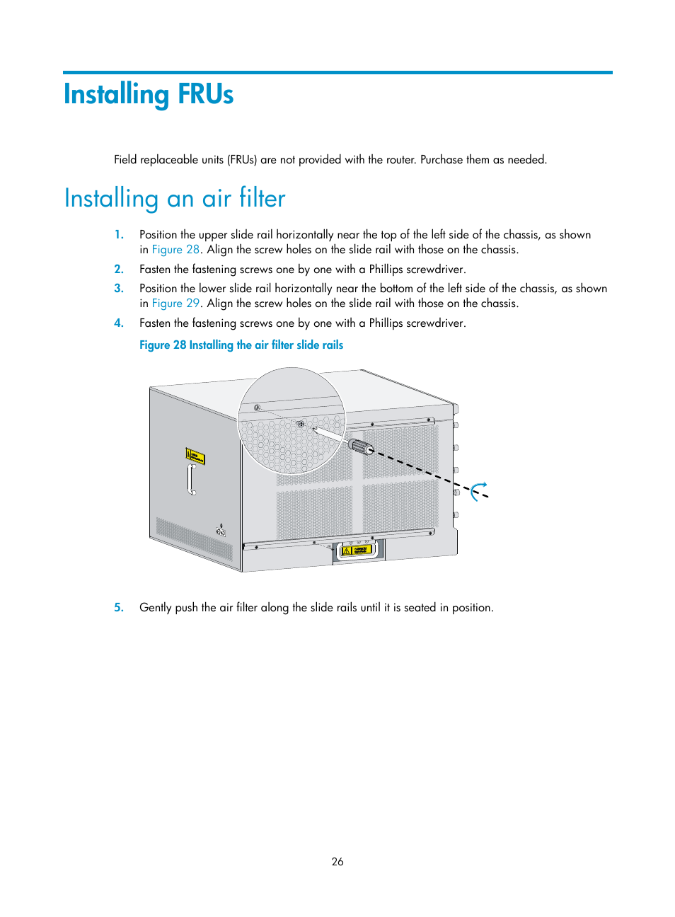 Installing frus, Installing an air filter | H3C Technologies H3C SR6600 User Manual | Page 36 / 161