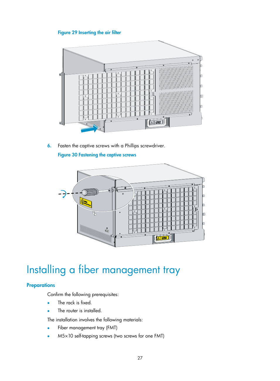 Installing a fiber management tray, Preparations, Figure 29 | Align the | H3C Technologies H3C SR6600 User Manual | Page 37 / 161