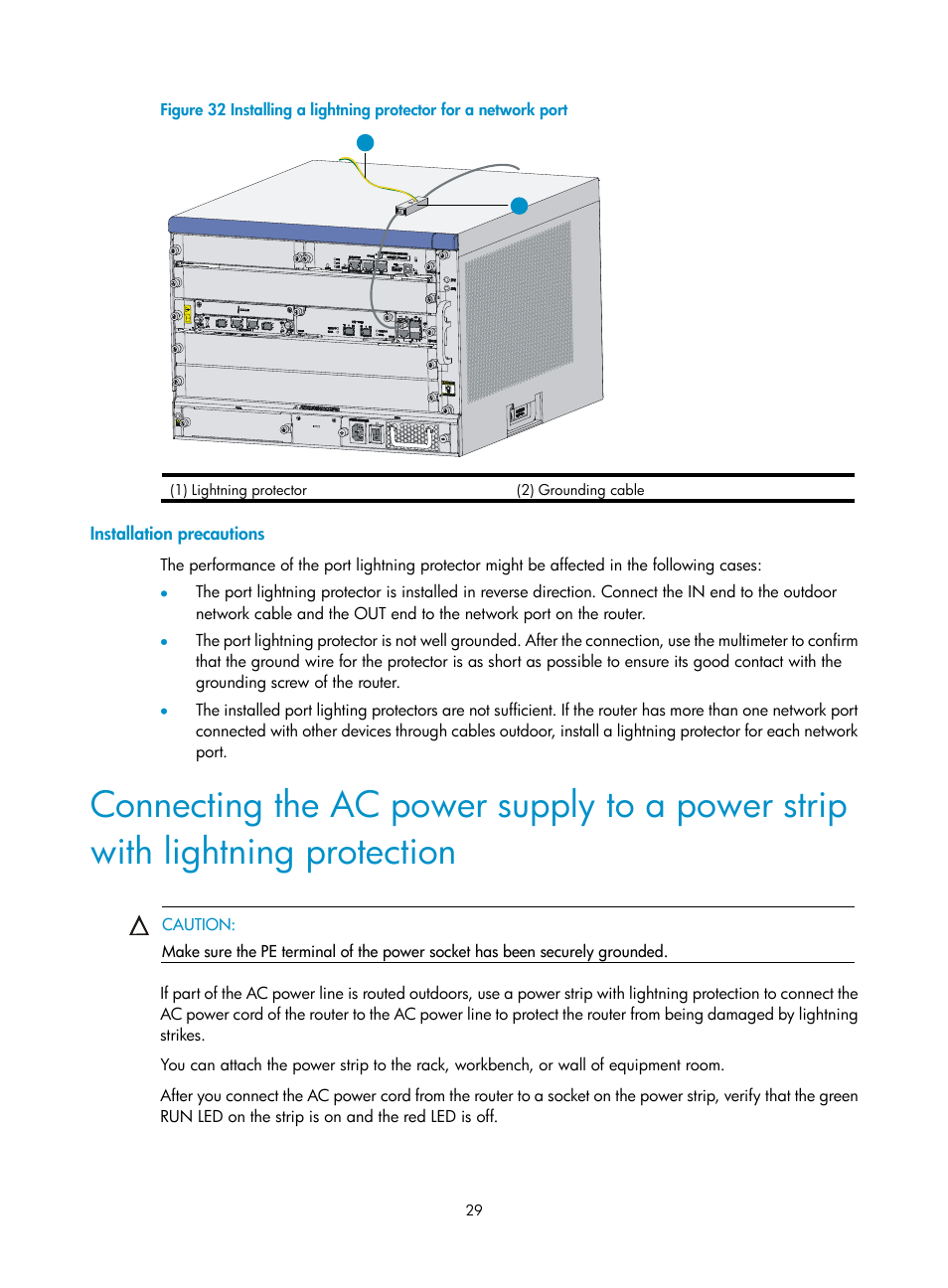 Installation precautions, Connecting the ac power supply to a, Power strip with lightning protection | H3C Technologies H3C SR6600 User Manual | Page 39 / 161