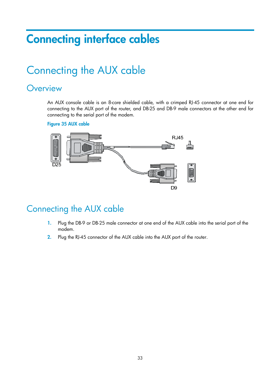 Connecting interface cables, Connecting the aux cable, Overview | H3C Technologies H3C SR6600 User Manual | Page 43 / 161