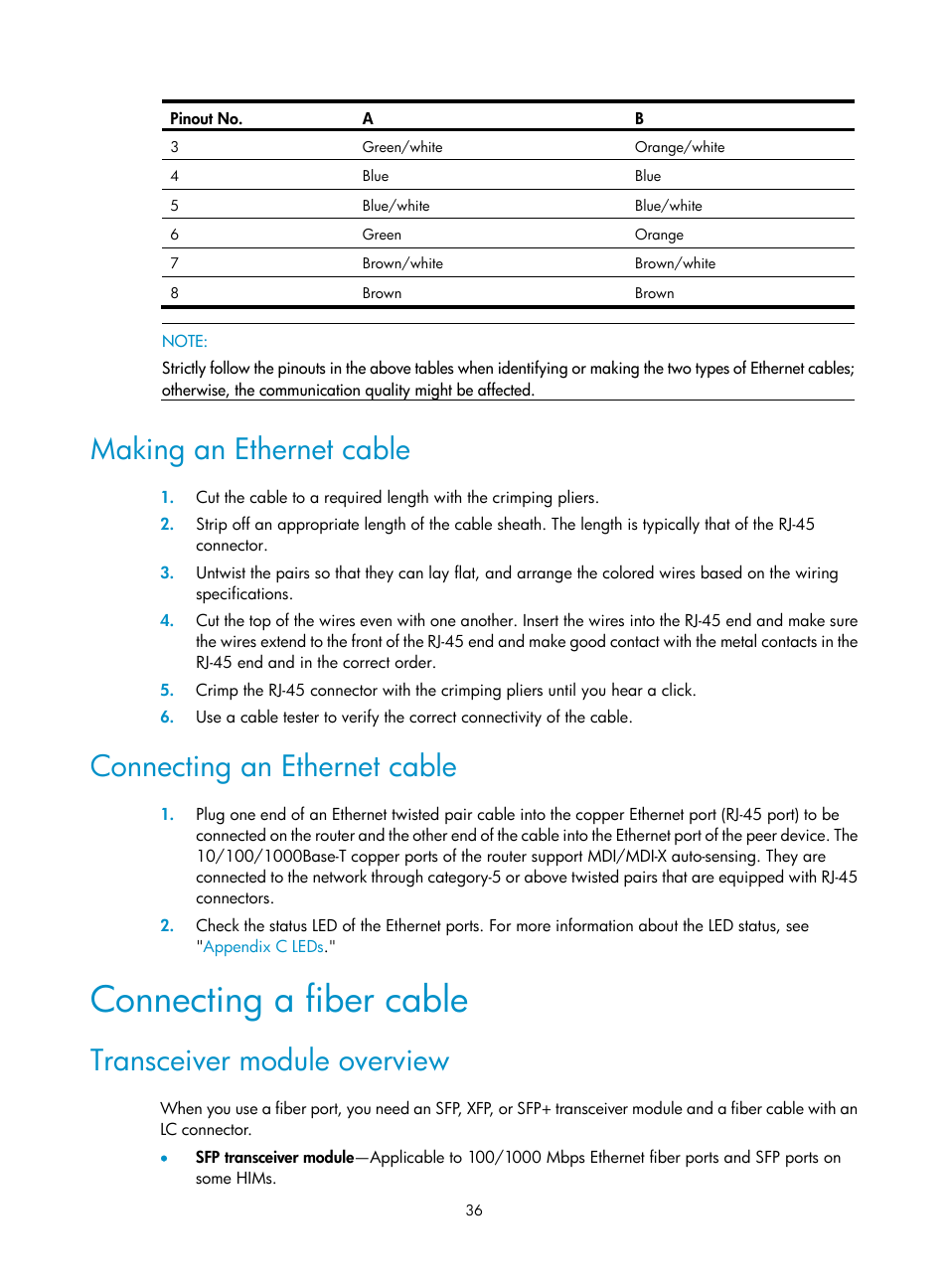 Making an ethernet cable, Connecting an ethernet cable, Connecting a fiber cable | Transceiver module overview | H3C Technologies H3C SR6600 User Manual | Page 46 / 161