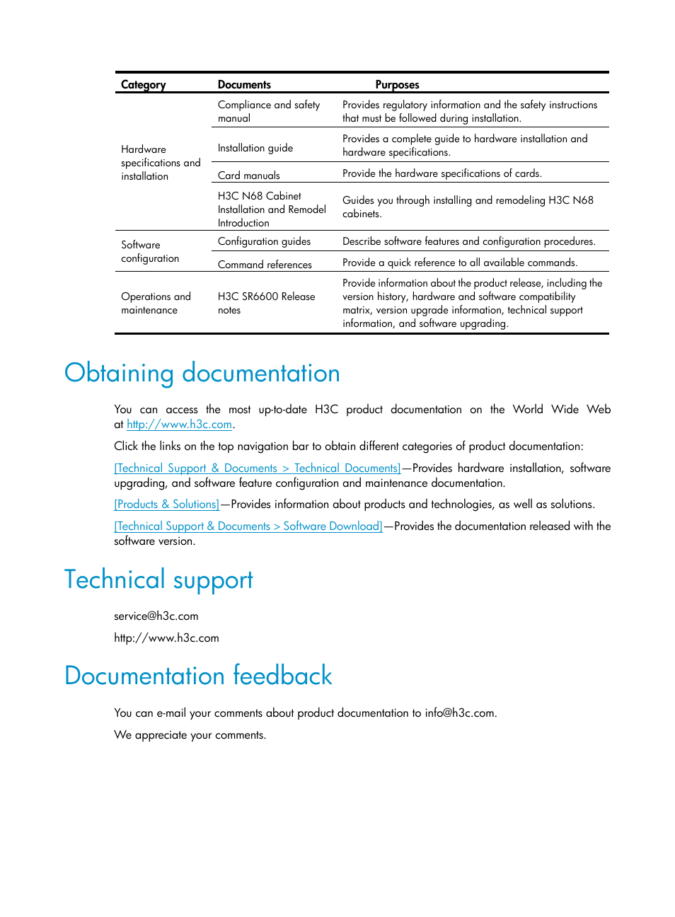 Obtaining documentation, Technical support, Documentation feedback | H3C Technologies H3C SR6600 User Manual | Page 5 / 161