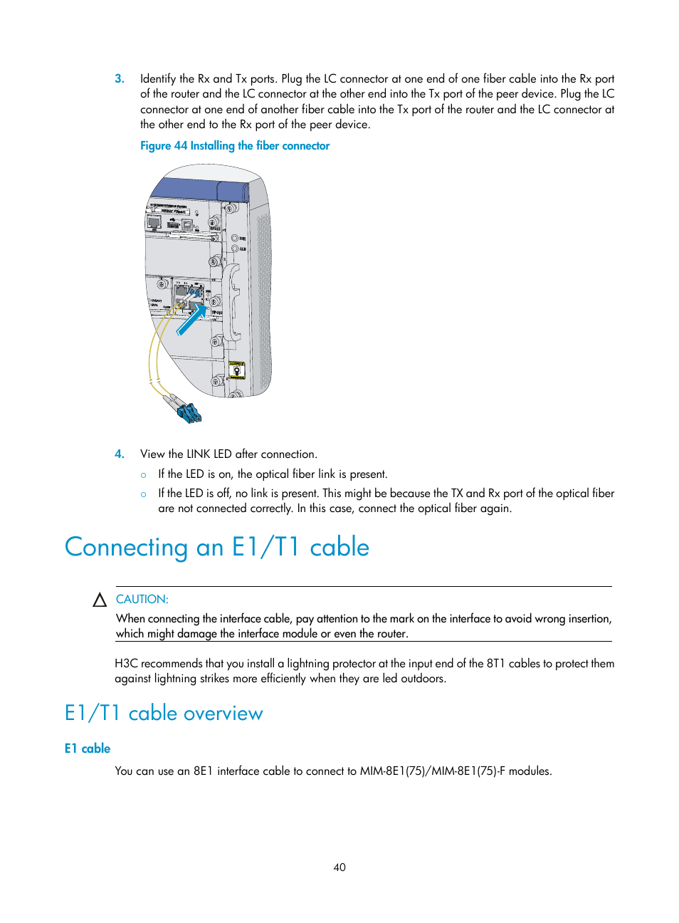 Connecting an e1/t1 cable, E1/t1 cable overview, E1 cable | H3C Technologies H3C SR6600 User Manual | Page 50 / 161