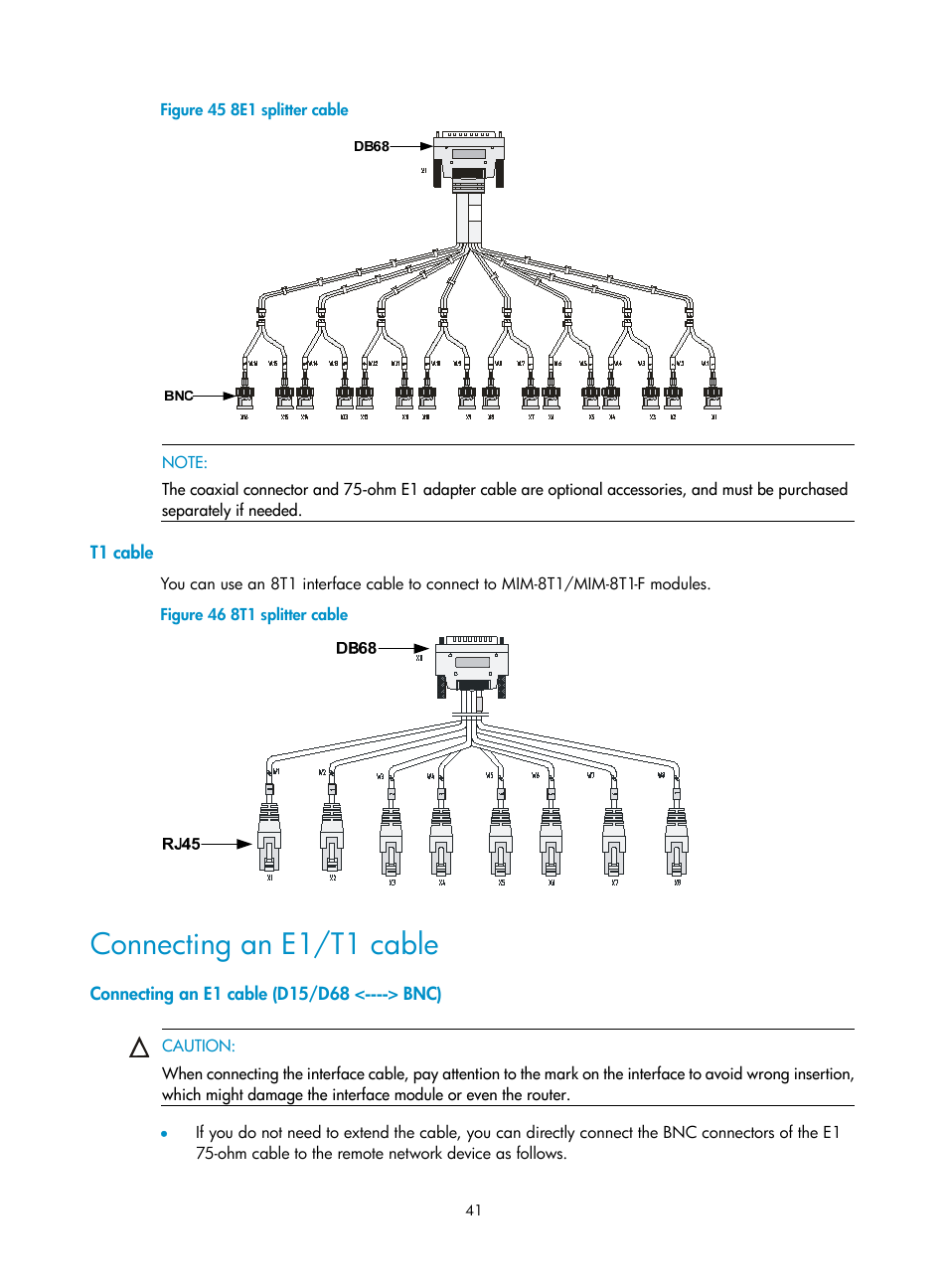 T1 cable, Connecting an e1/t1 cable, Connecting an e1 cable (d15/d68 <----> bnc) | H3C Technologies H3C SR6600 User Manual | Page 51 / 161