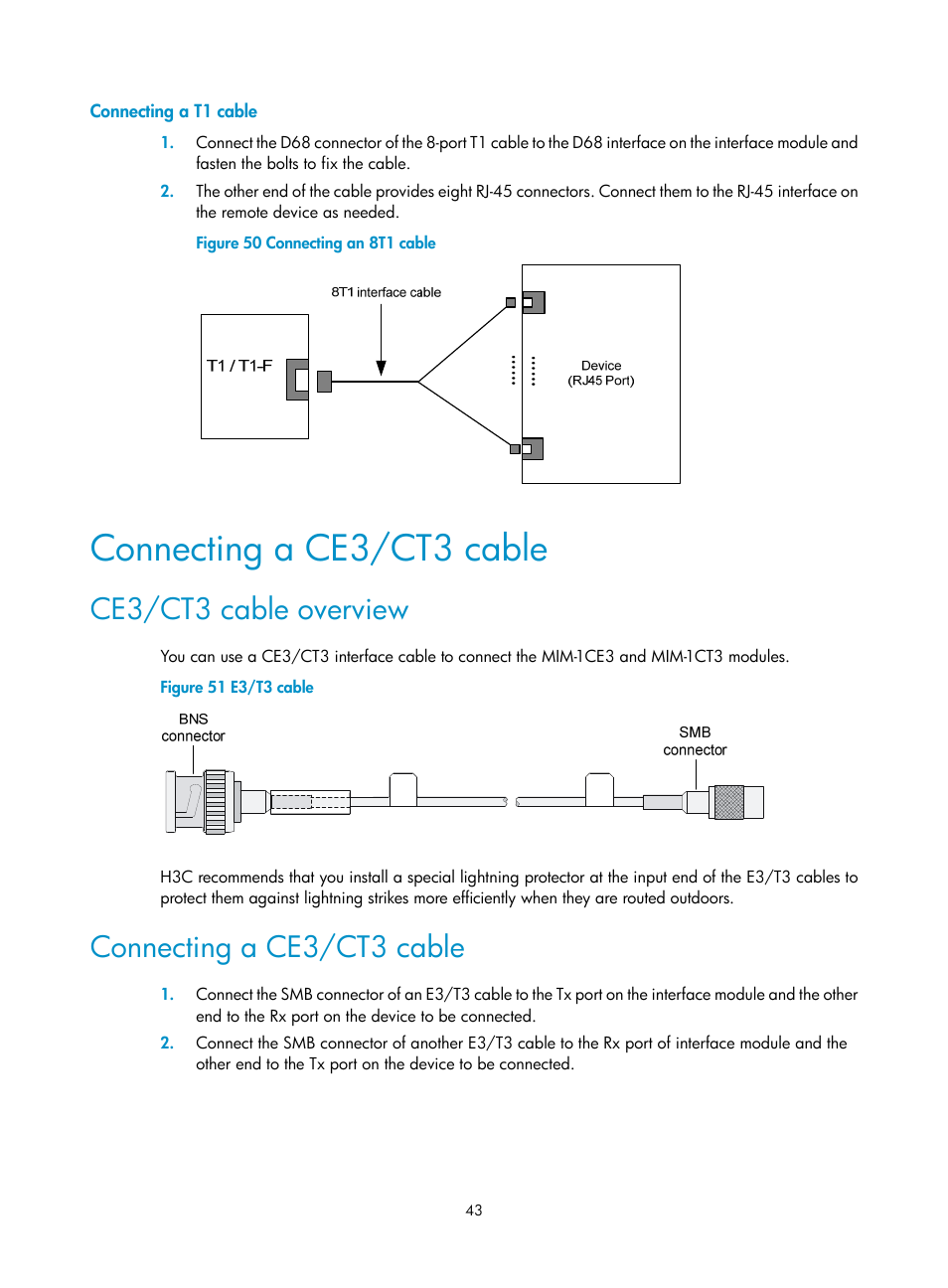 Connecting a t1 cable, Connecting a ce3/ct3 cable, Ce3/ct3 cable overview | H3C Technologies H3C SR6600 User Manual | Page 53 / 161