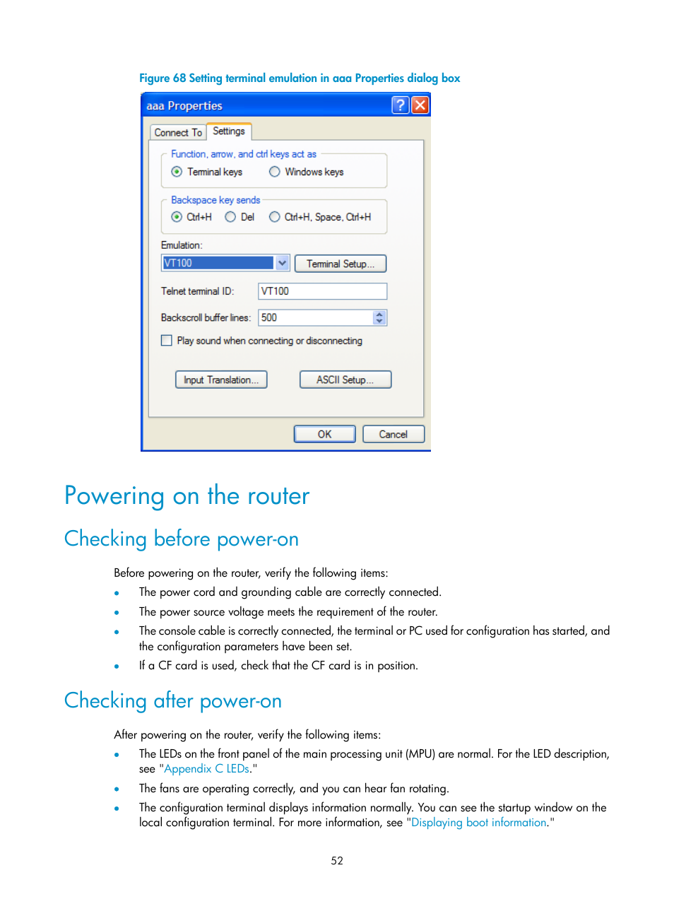 Powering on the router, Checking before power-on, Checking after power-on | H3C Technologies H3C SR6600 User Manual | Page 62 / 161