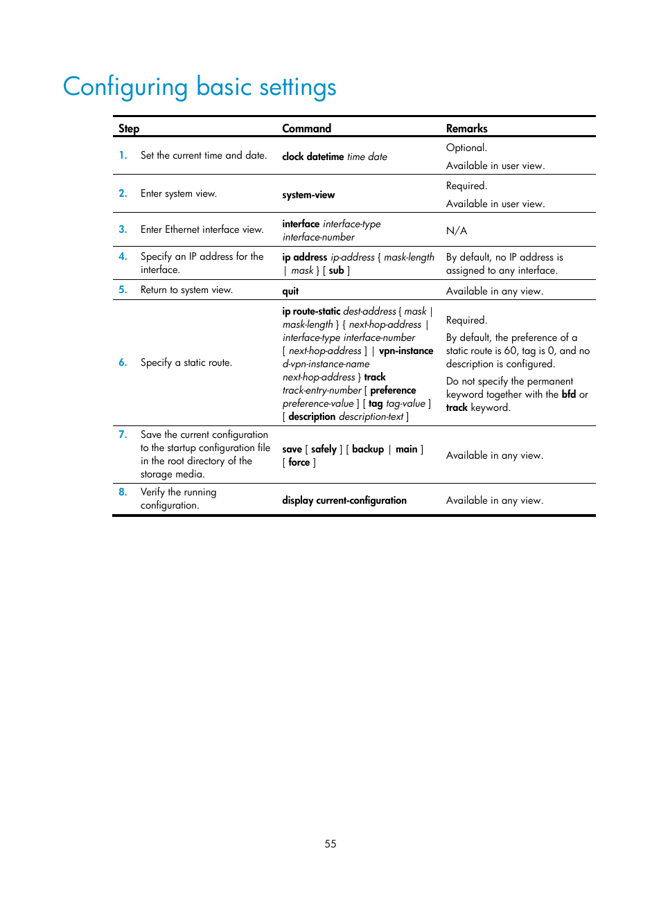 Configuring basic settings | H3C Technologies H3C SR6600 User Manual | Page 65 / 161