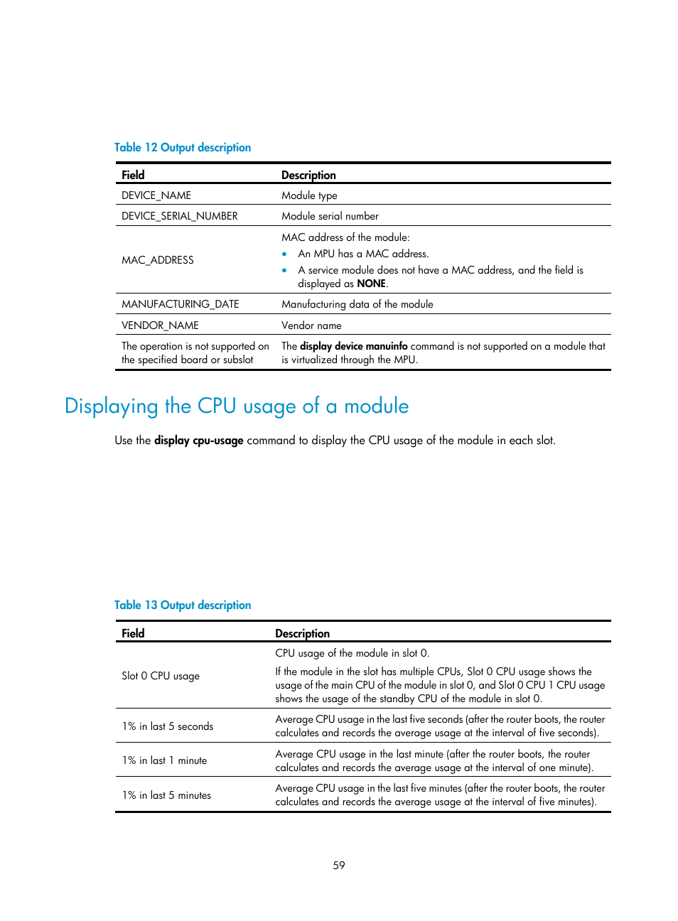 Displaying the cpu usage of a module | H3C Technologies H3C SR6600 User Manual | Page 69 / 161