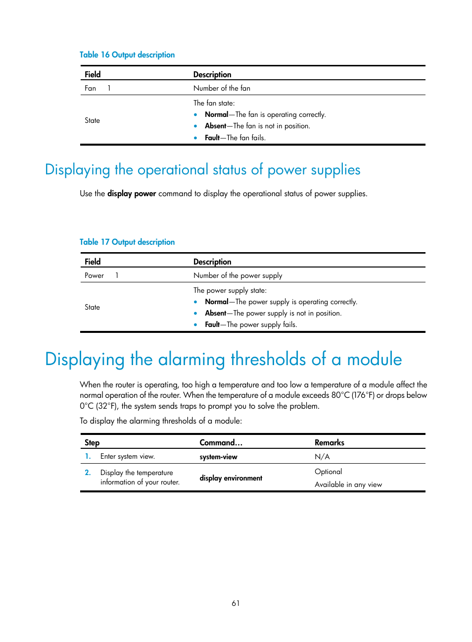 Displaying the alarming thresholds of a module | H3C Technologies H3C SR6600 User Manual | Page 71 / 161