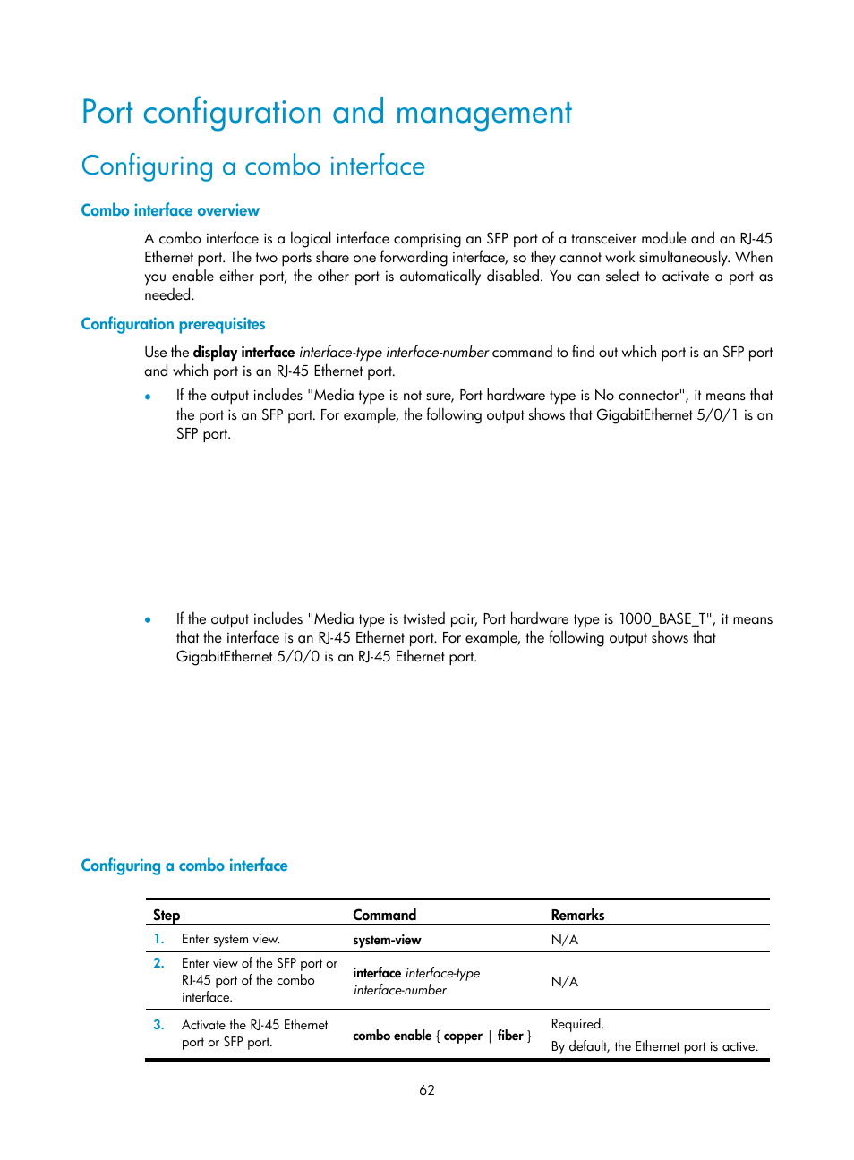 Port configuration and management, Configuring a combo interface, Combo interface overview | Configuration prerequisites | H3C Technologies H3C SR6600 User Manual | Page 72 / 161