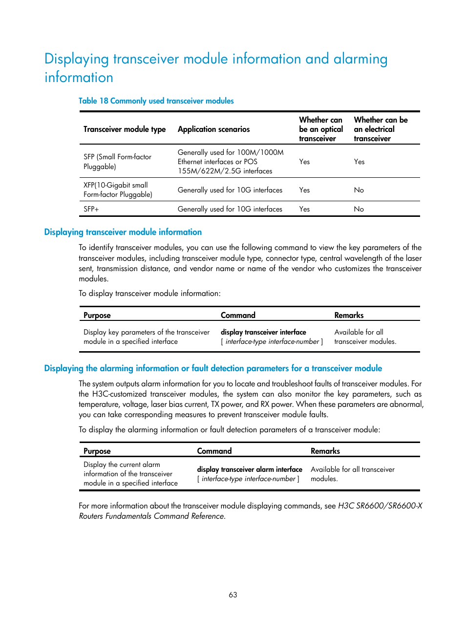 Displaying transceiver module information | H3C Technologies H3C SR6600 User Manual | Page 73 / 161