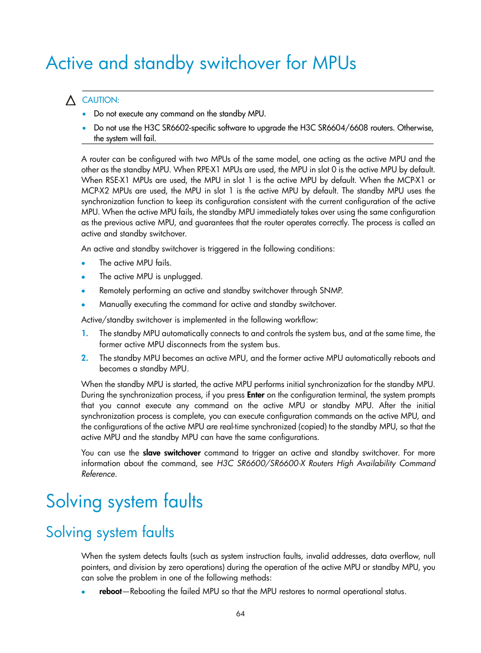 Active and standby switchover for mpus, Solving system faults | H3C Technologies H3C SR6600 User Manual | Page 74 / 161