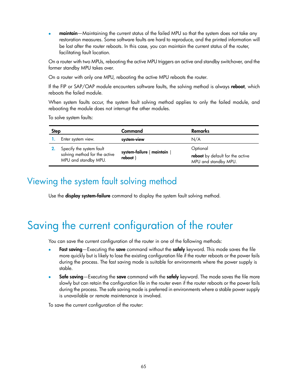 Viewing the system fault solving method, Saving the current configuration of the router | H3C Technologies H3C SR6600 User Manual | Page 75 / 161