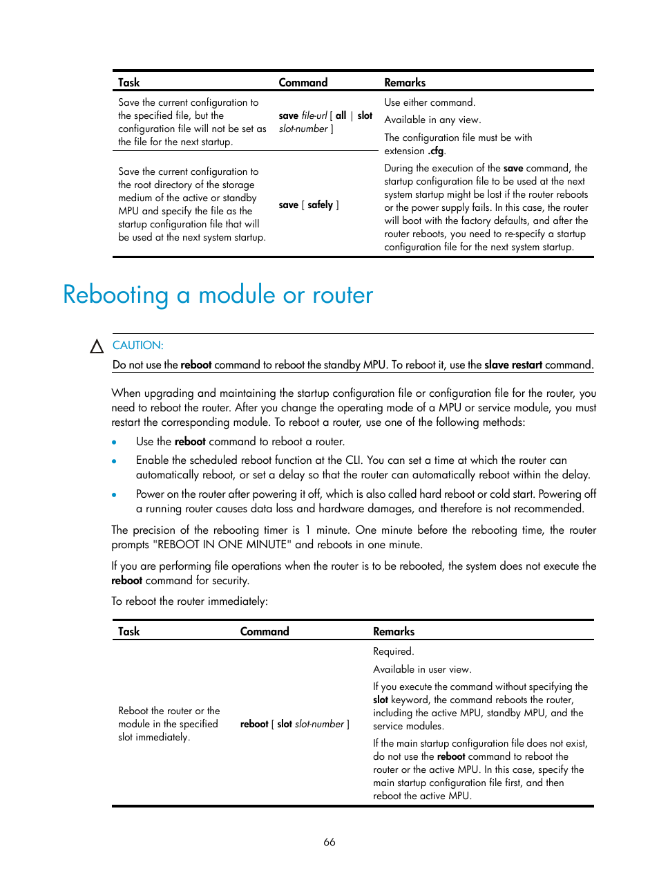 Rebooting a module or router | H3C Technologies H3C SR6600 User Manual | Page 76 / 161