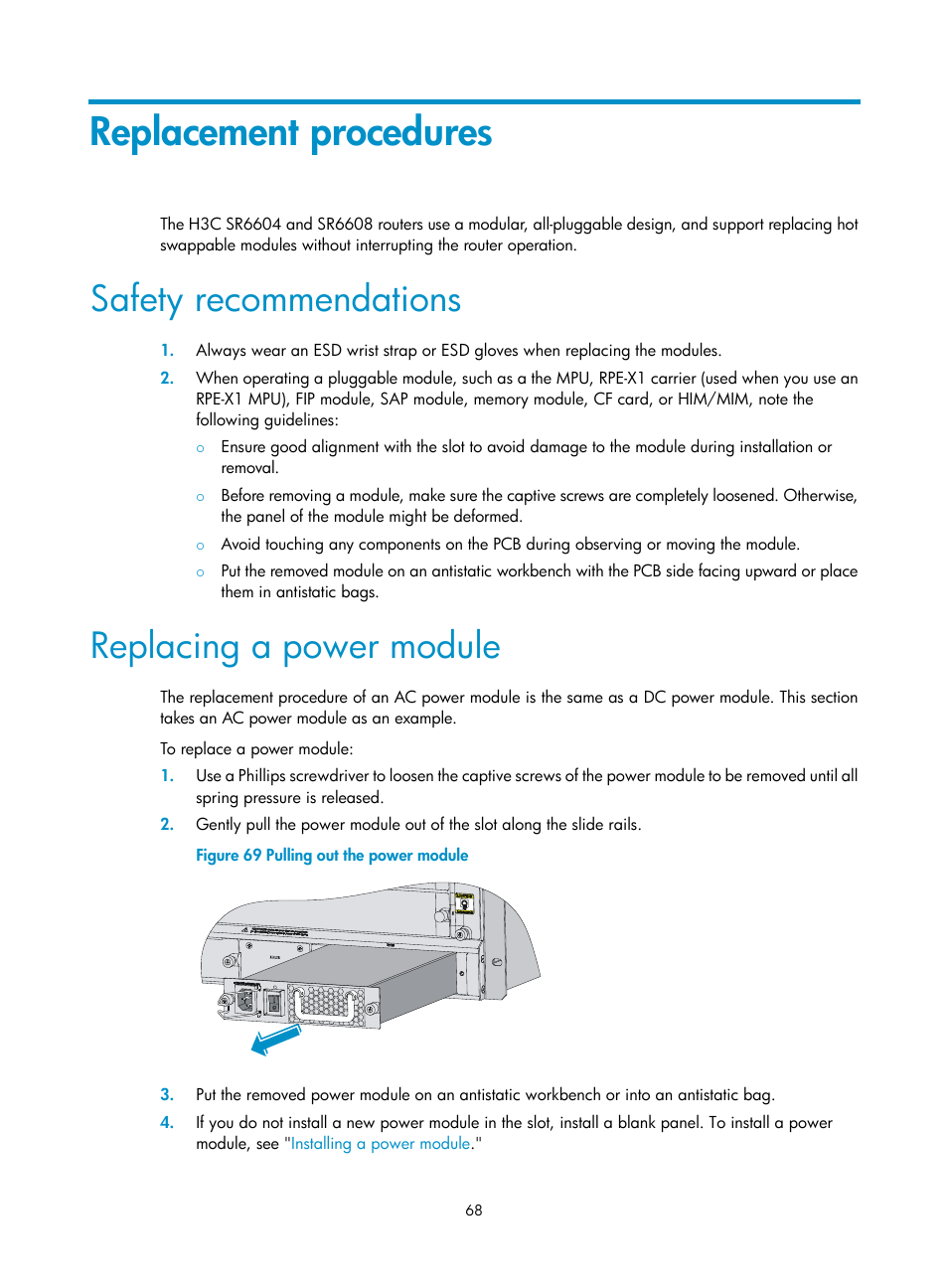 Replacement procedures, Safety recommendations, Replacing a power module | H3C Technologies H3C SR6600 User Manual | Page 78 / 161