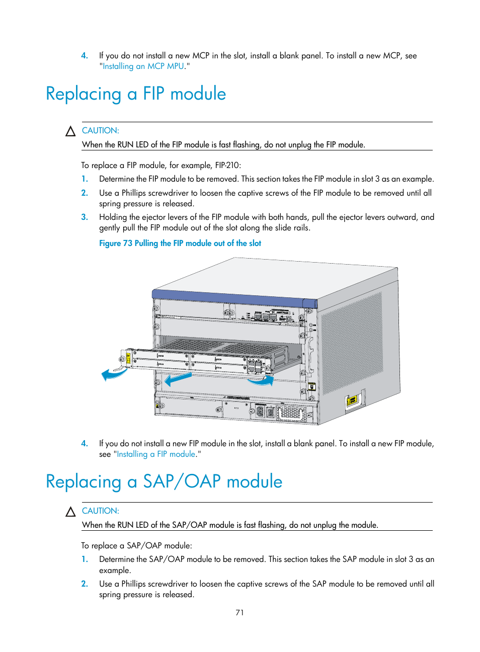 Replacing a fip module, Replacing a sap/oap module | H3C Technologies H3C SR6600 User Manual | Page 81 / 161