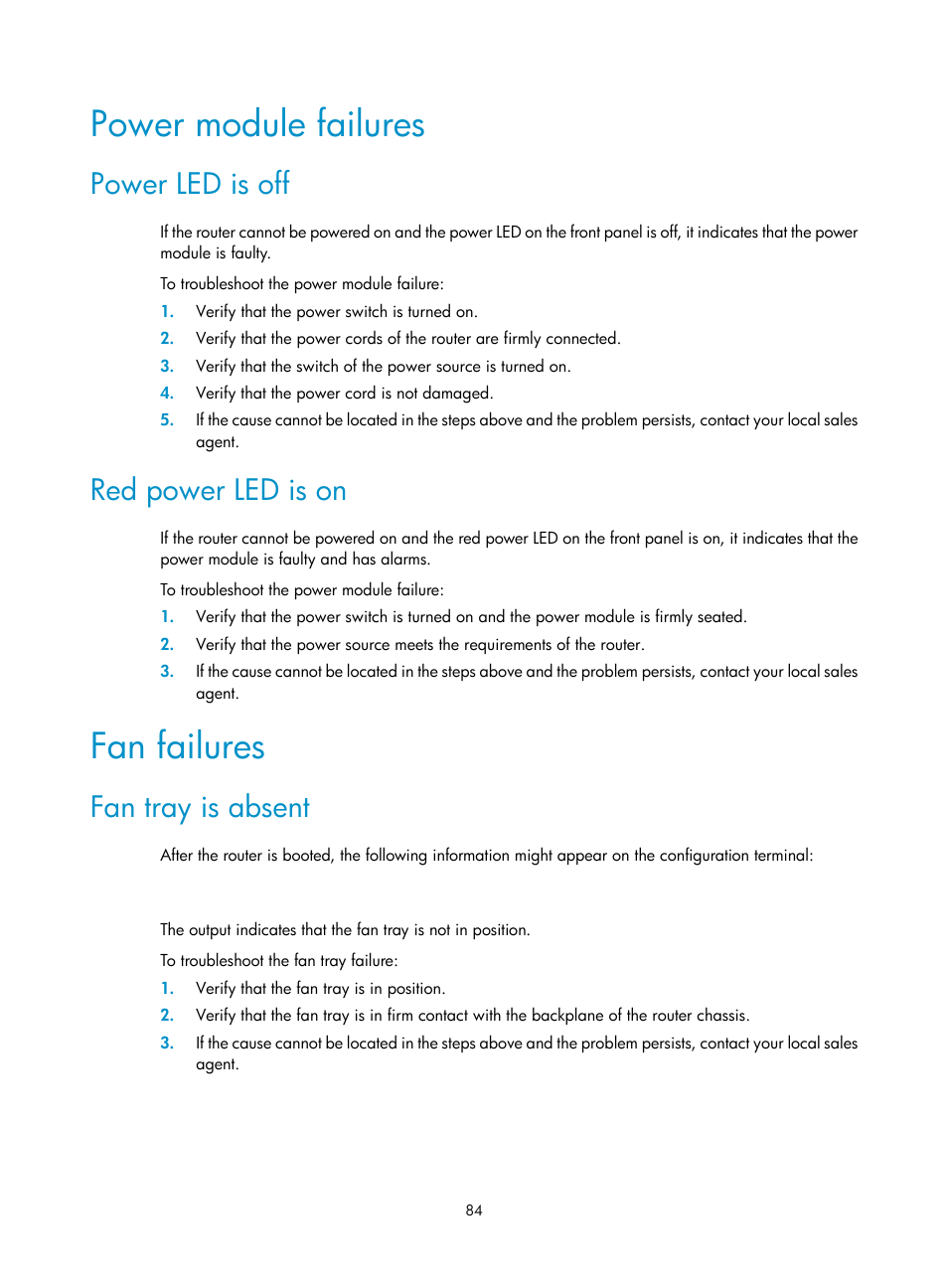 Power module failures, Power led is off, Red power led is on | Fan failures, Fan tray is absent | H3C Technologies H3C SR6600 User Manual | Page 94 / 161