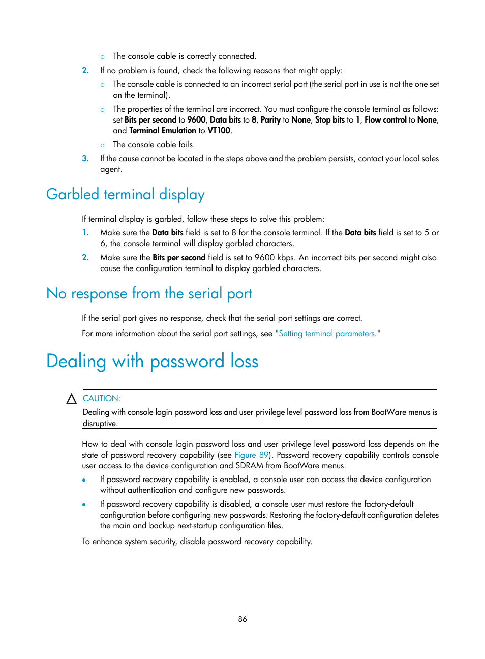 Garbled terminal display, No response from the serial port, Dealing with password loss | H3C Technologies H3C SR6600 User Manual | Page 96 / 161