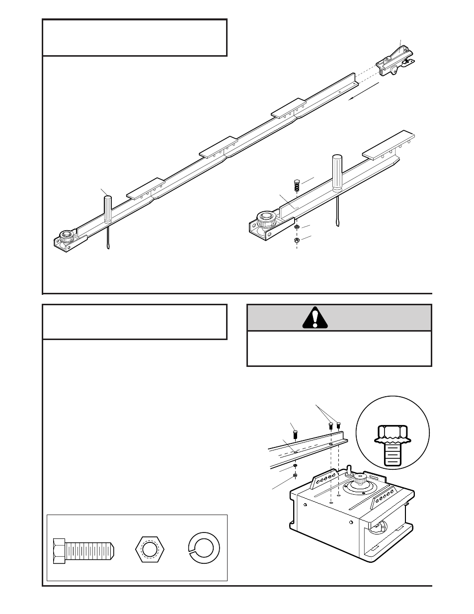 Caution, Assembly step 2, Assembly step 3 | Install the trolley on the t-rail, Faster the t-rail to the opener | Chamberlain 8200 1/2 HP User Manual | Page 9 / 40