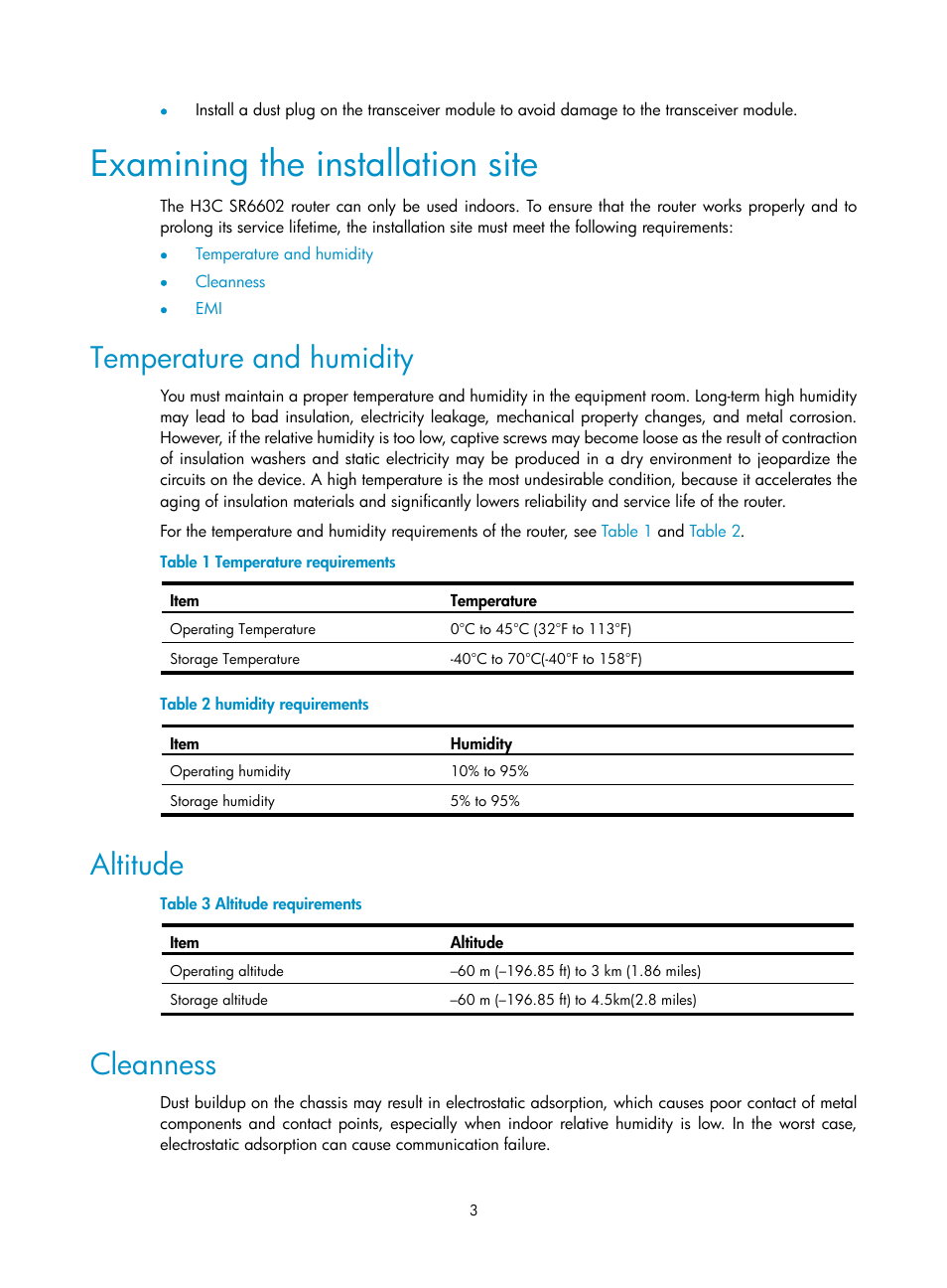 Examining the installation site, Temperature and humidity, Altitude | Cleanness | H3C Technologies H3C SR6600 User Manual | Page 11 / 90