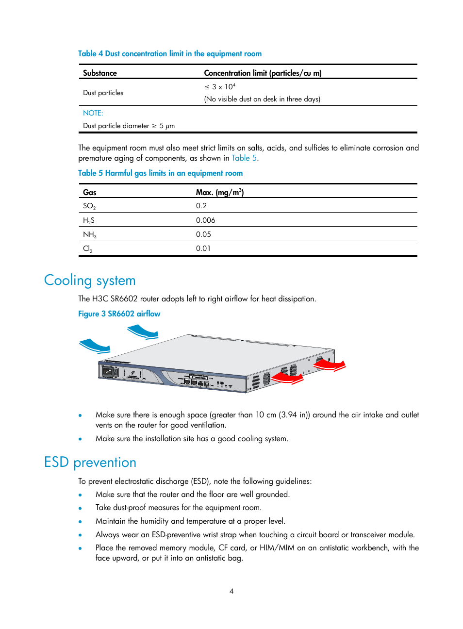 Cooling system, Esd prevention | H3C Technologies H3C SR6600 User Manual | Page 12 / 90