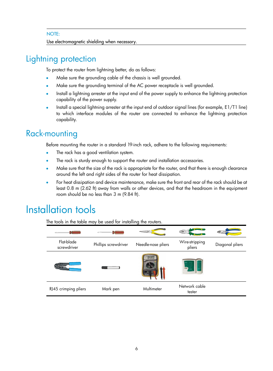 Lightning protection, Rack-mounting, Installation tools | H3C Technologies H3C SR6600 User Manual | Page 14 / 90