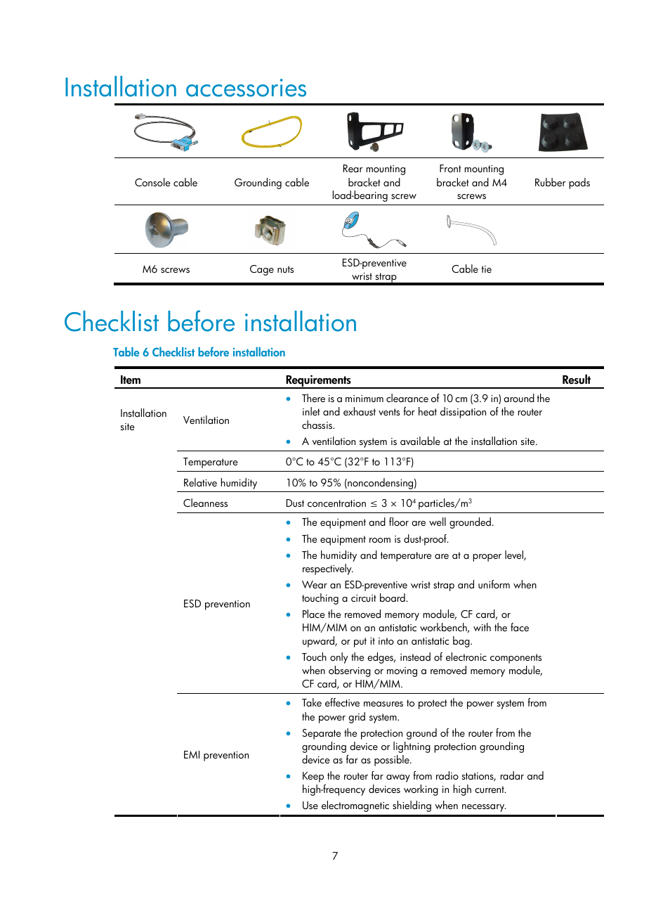 Installation accessories, Checklist before installation | H3C Technologies H3C SR6600 User Manual | Page 15 / 90