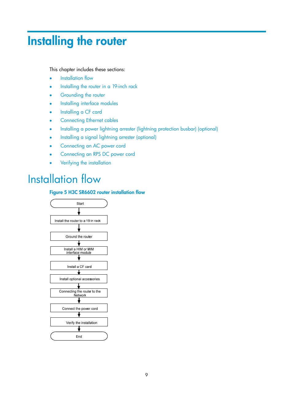 Installing the router, Installation flow | H3C Technologies H3C SR6600 User Manual | Page 17 / 90