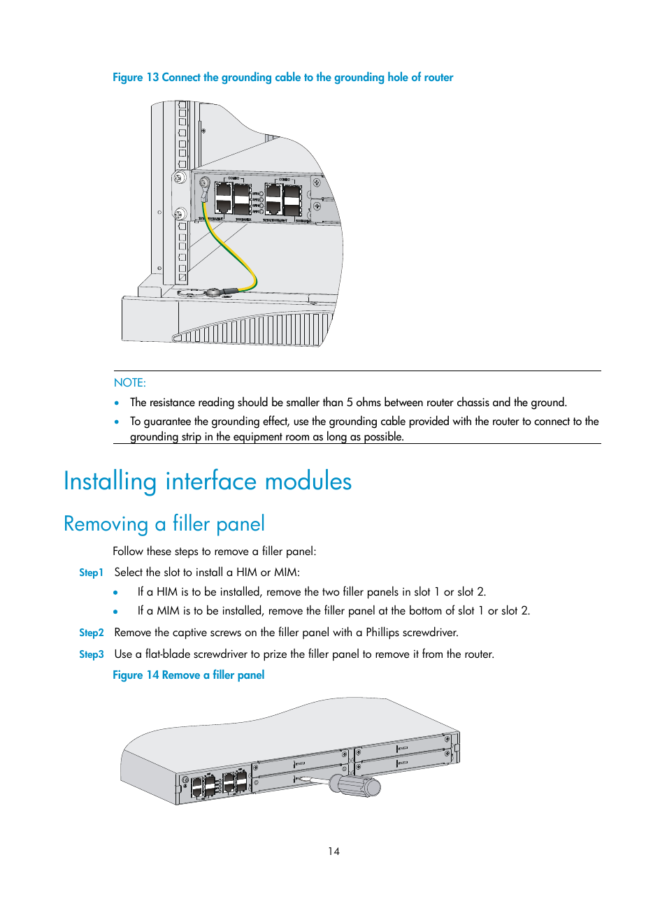 Installing interface modules, Removing a filler panel | H3C Technologies H3C SR6600 User Manual | Page 22 / 90